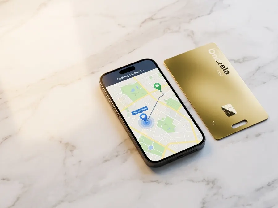 Goldene Ondrela Tracker-Karte neben einem Smartphone, das ihren Standort auf einer Karte zeigt